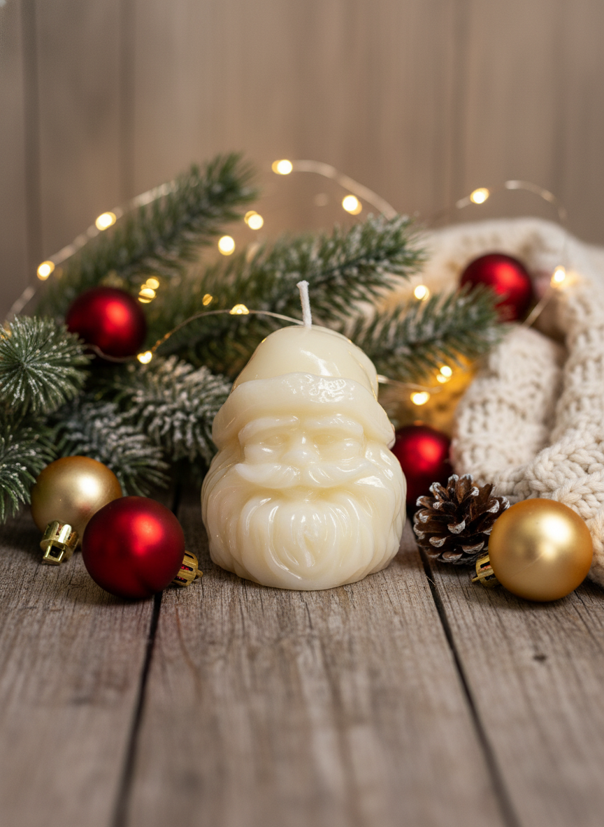 Saint Nicholas candle without jar in festive Christmas setting